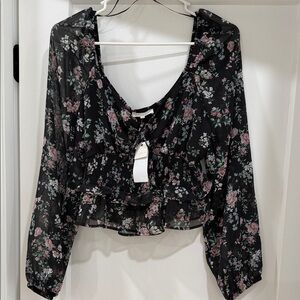 Ultra Flirt Black Floral V-Neck Ruffle Blouse